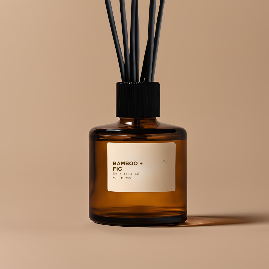 Handmade Bamboo Fig Diffuser - Fresh coconut and fig scent with bamboo, oakmoss, and orange. 6-12 months use. Alcohol-free base, natural reeds, high-quality fragrance. 200ml. Queenscliff, Victoria